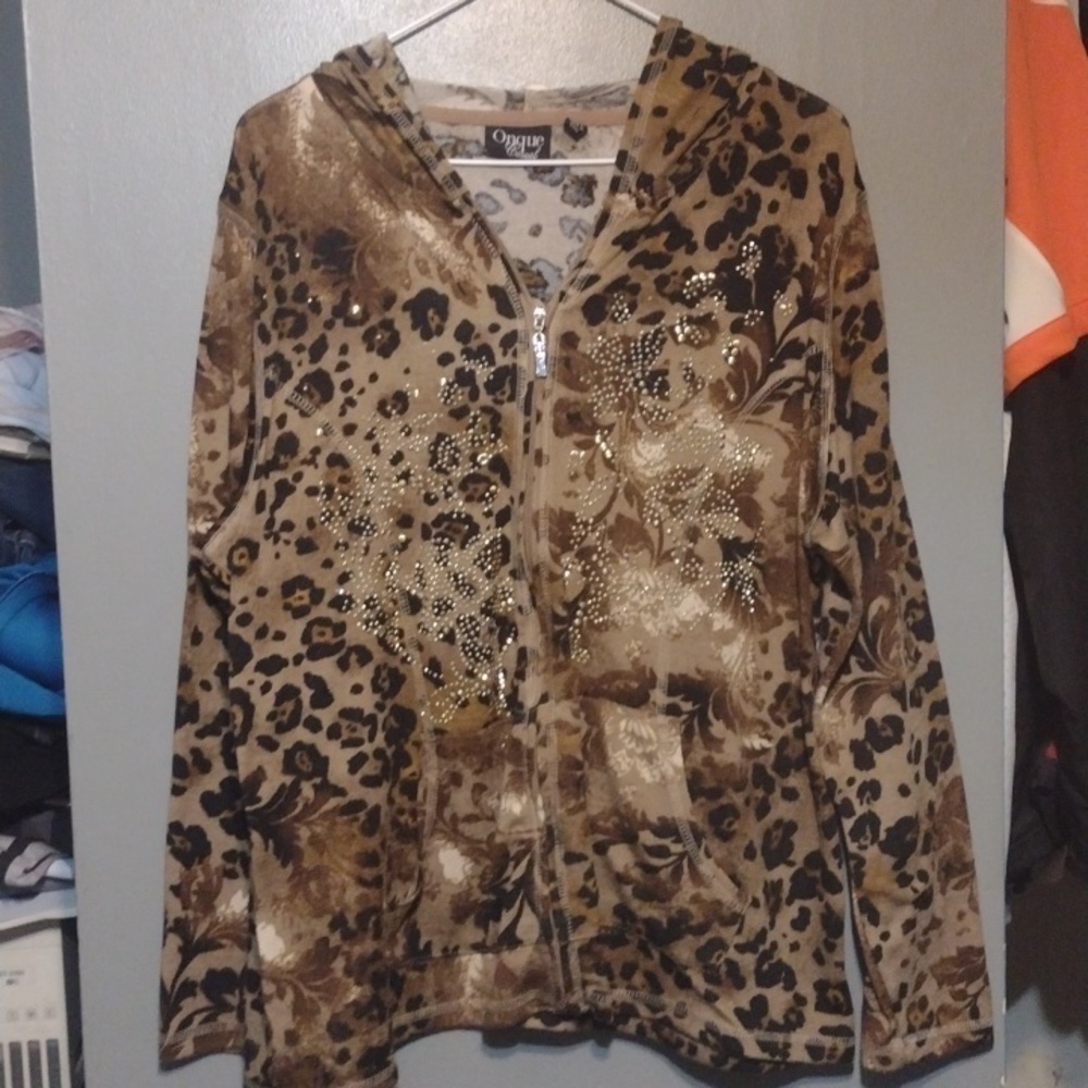Onque Leopard Print Flower Studded Zip Up Hoodie Jacket Plus Size 1x